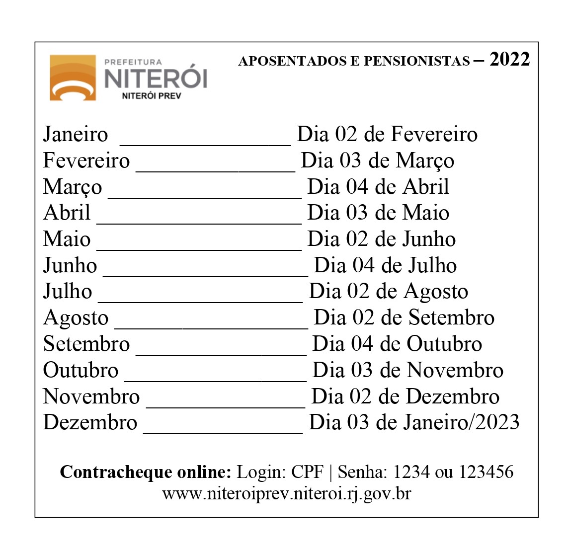 Calendário De Pagamentos Niterói Prev 9905